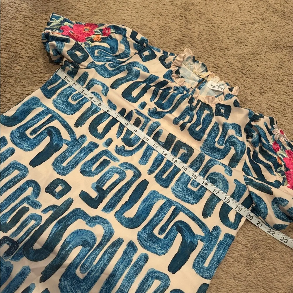 Ruffled Neck Blue Patterned Short Sleeve Blouse - Picture 6 of 9